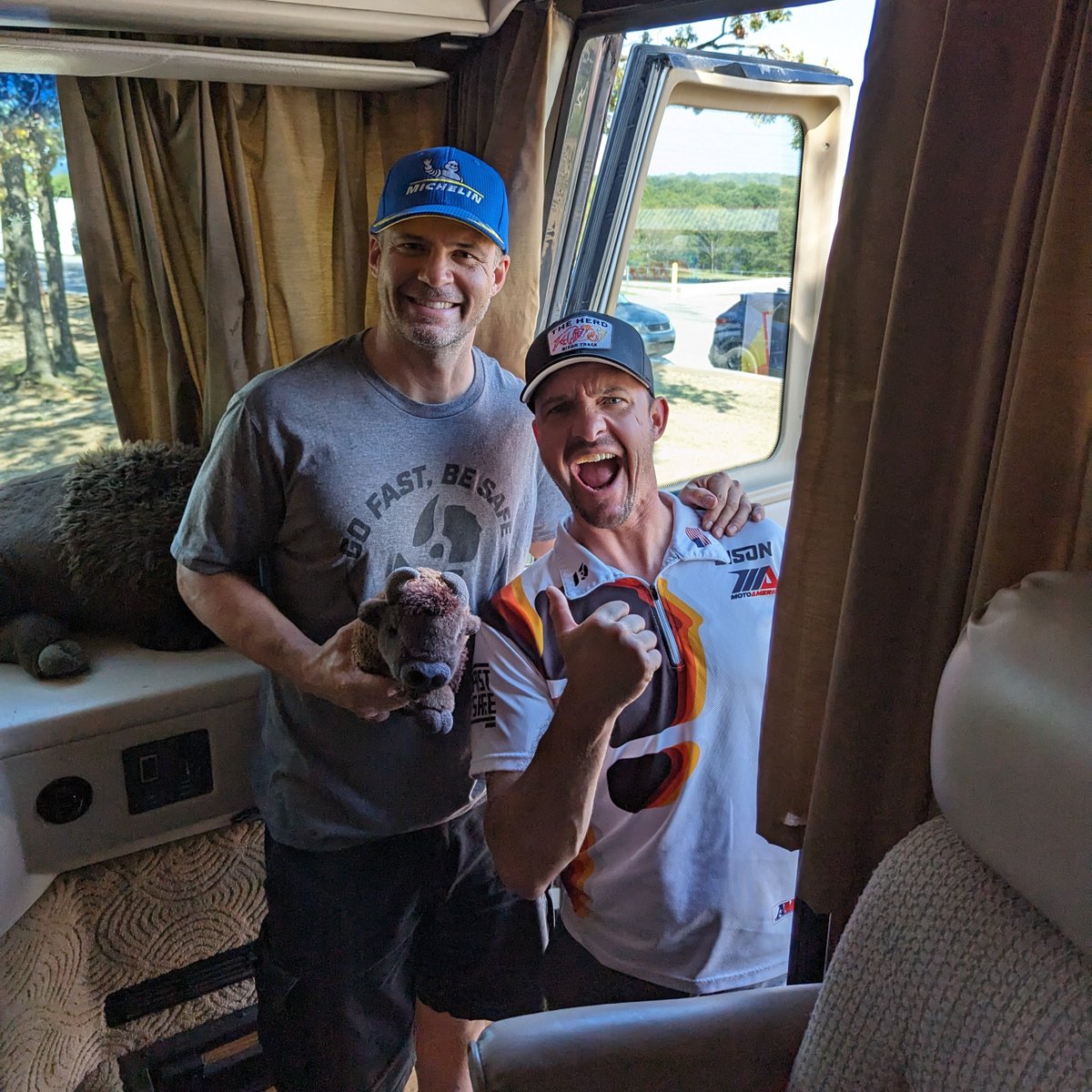 BisonTrack's tweet photo. It sure was great seeing this Bison back on the Oklahoma plains again! 🤠 Our little plush mascot, Thor, got a ton of photo ops with CMRA racers and staff all weekend long at Hallett. https://t.co/0FQORJ7YDV #whereintheworldisthor https://t.co/K7wnuXHA2a