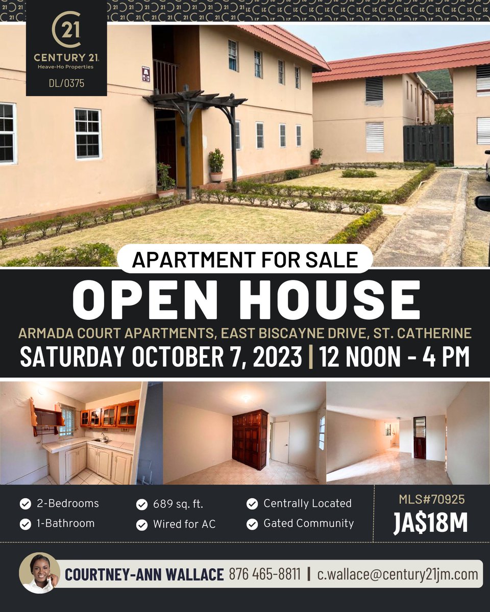 Open House this Saturday, October 7,2023 @ 12-4 pm 

ARMADA COURT , West Bay , Portmore

Interested buyers can bring along their ID,TRN, Proof of address and Proof of funds.

Contact 876-465-8811 for further inquiries 

Brought to you by @century21jamaica 🏡

#jamaicanrealestate