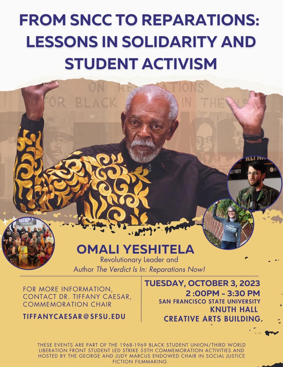 Uhuru!

I will be in San Francisco, California for a BSU’s event, themed:

From #SNCC to #Reparations: Lessons in solidarity and student activism

Tues., Oct. 03, 2023 @ 2pm

San Francisco State University
Knuth Hall
Creative Arts Building

#OmaliYeshitela #ChairmanOmaliYeshitela