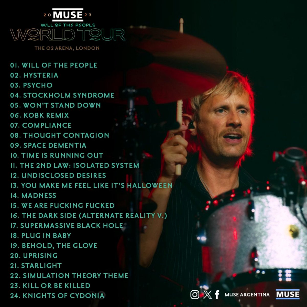 muse_argentina's tweet photo. Setlist de Muse en Londres 🏴
02/10 • #WillOfThePeopleWorldTour
Último setlist del tour WOTP 2023.
#MuseLive #MuseLondon https://t.co/KvM7B684Xy