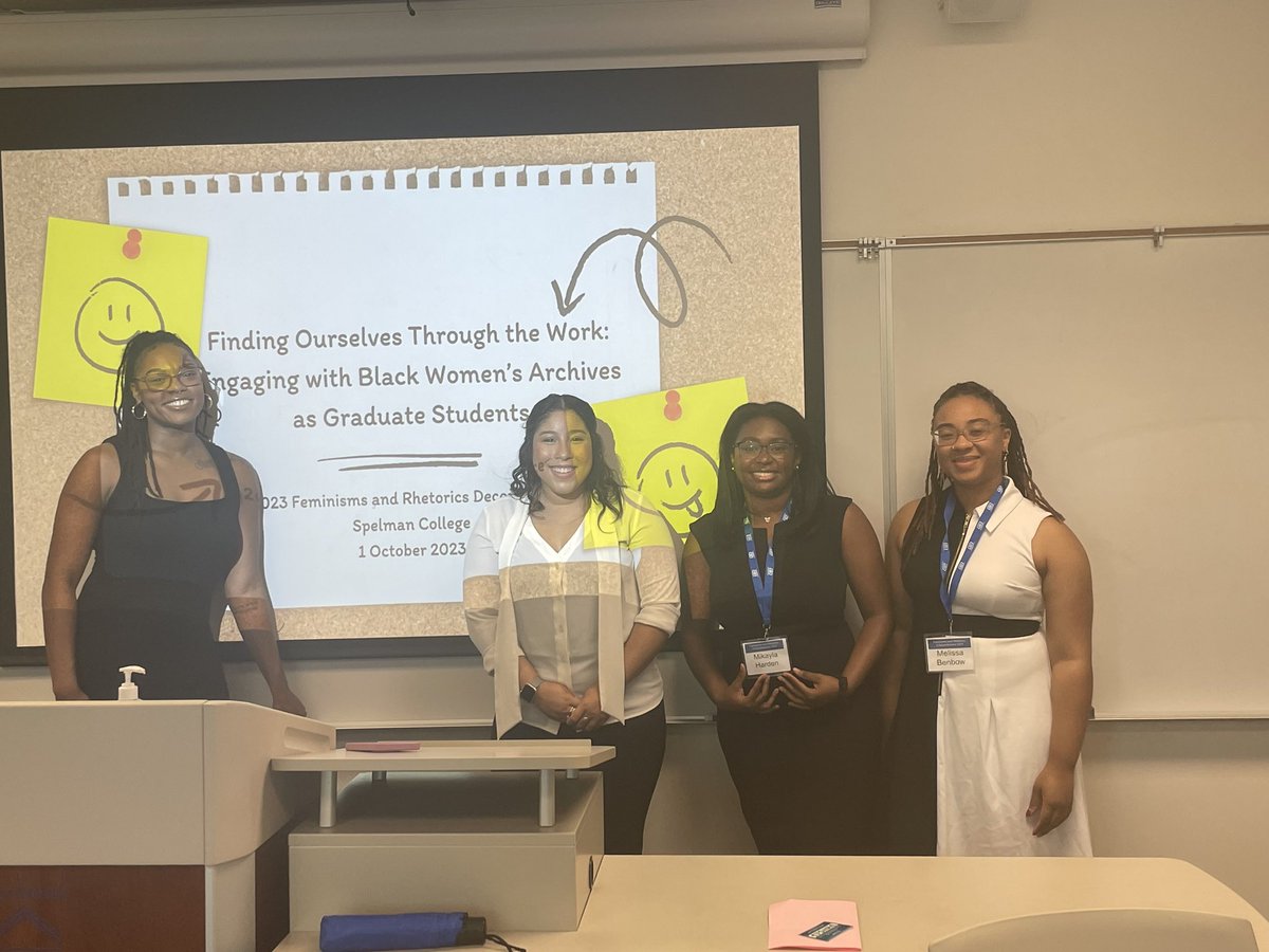 BritHenry13's tweet photo. Had an amazing time presenting with @MikaylaHarden, @MonetTimmons, &amp; @MelissaBArt this past weekend at the 2023 Feminisms &amp; Rhetorics Deconference! The theme was “Feminisms and Reckonings: Interrogating Histories and Harms, Beginning Restorative Practices.” https://t.co/P2TcJw2ZDa