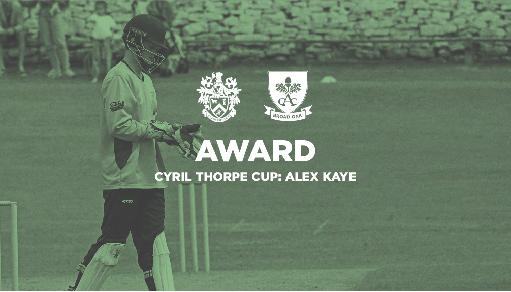 Huddersfield Cricket League (@huddcricket) on Twitter photo Awards: Congratulations to <a href="/bocchudds/">BroadOakCC</a> wicketkeeper Alex Kaye. He takes the Cyril Thorpe Cup for most victims in the Premiership. Awards: Congratulations to <a href="/bocchudds/">BroadOakCC</a> wicketkeeper Alex Kaye. He takes the Cyril Thorpe Cup for most victims in the Premiership.