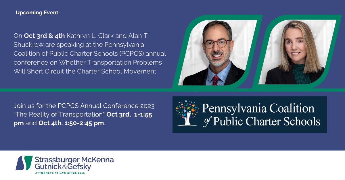 SMGG_Law's tweet image. Today at 1 p.m., Kathryn L. Clark and Alan T. Shuckrow will speak at the Pennsylvania Coalition of Public Charter Schools annual conference on “The Reality of Transportation”. 

Join here: hubs.ly/Q0249k_B0

#PCPCS #Pennsylvania #CharterSchools #Education
