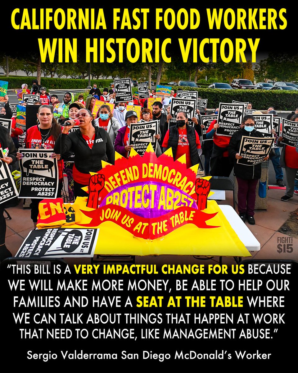 FightFor15WI's tweet image. Fast food workers in California just won a landmark victory that will give them $20/hr and a voice in their industry.

This is the power that workers have when they come together!
#UnionsForAll #SolidaritySeason

bit.ly/45ckHNGshow