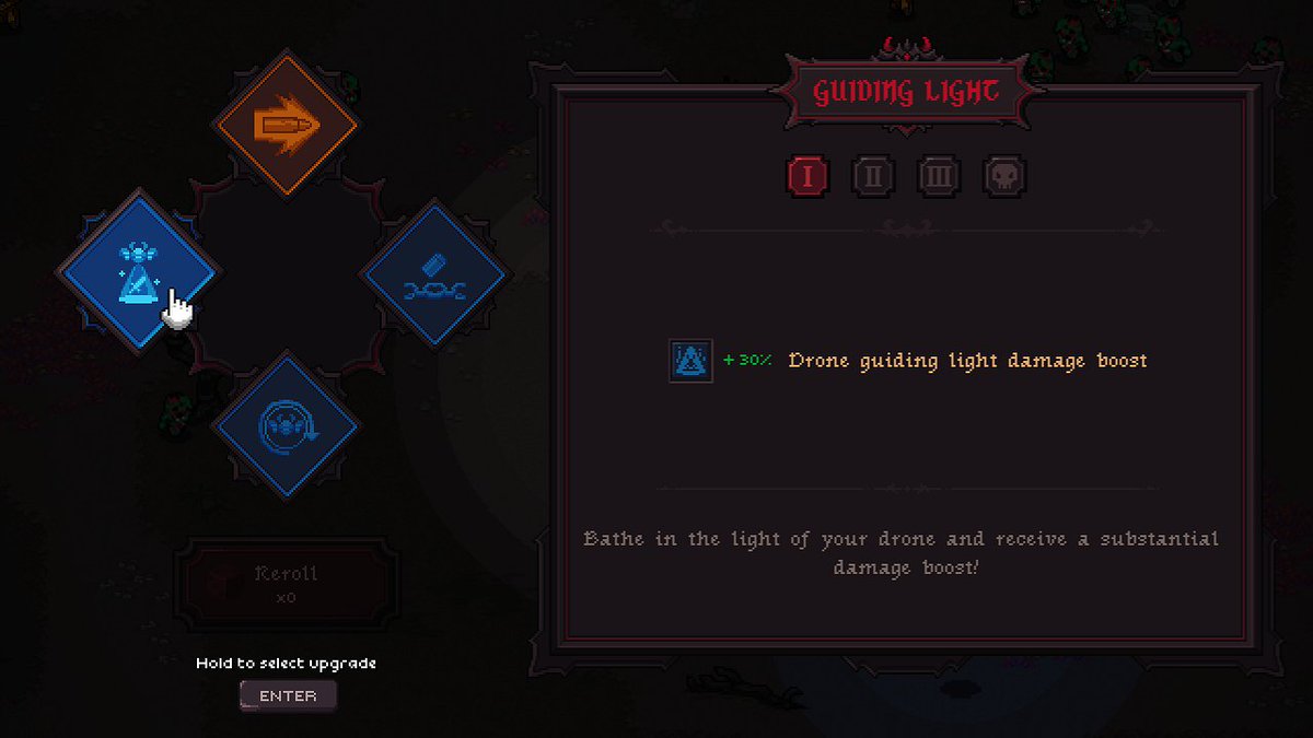 thirdspiritdev's tweet image. Plenty of upgrades to choose from in Letifer! 
Here's "Guiding Light". It gives you a big damage boost when you keep within your drone's searchlight. Fourth "Epic level" also boosts your defence!
#gamedev #indiedev #gamedevelopment #videogames #videogame #indiegame