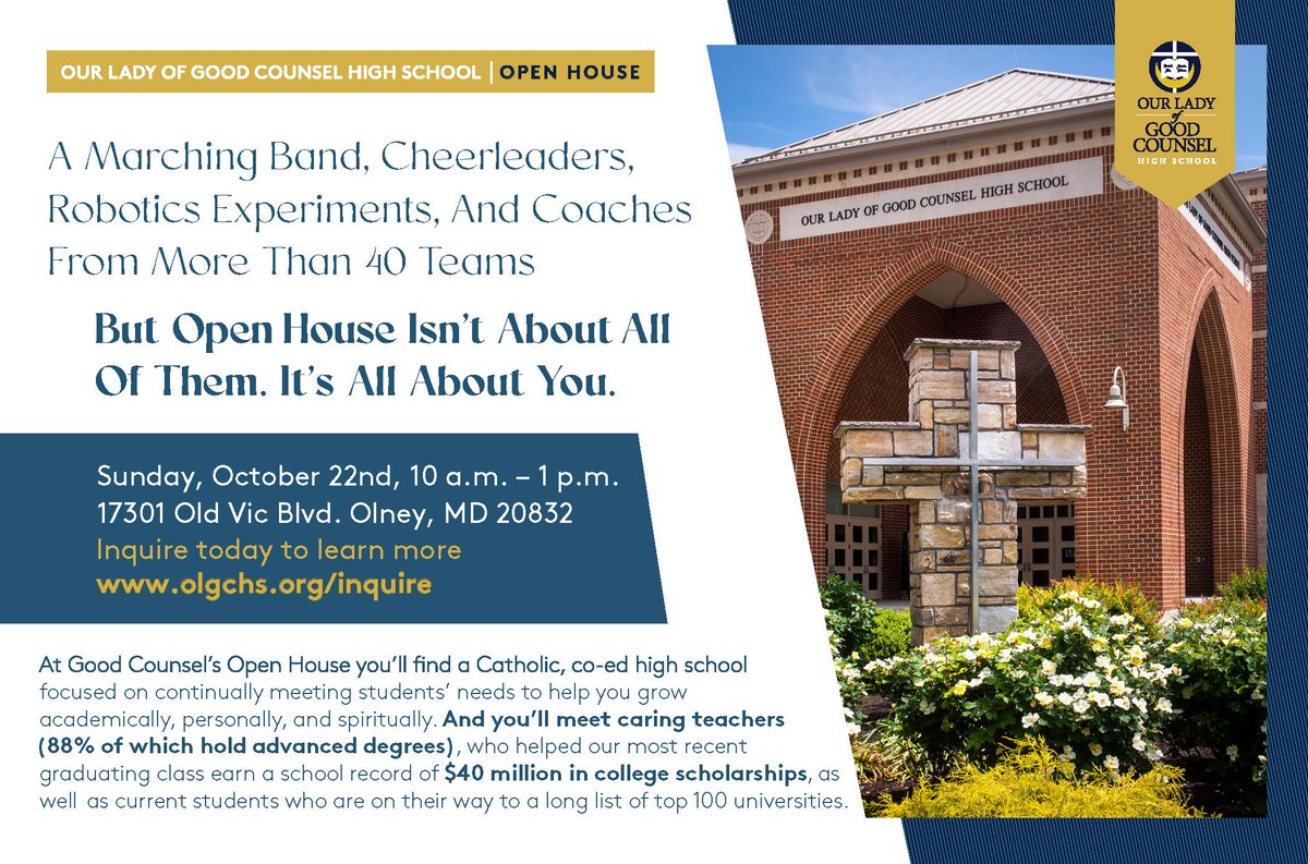 Good Counsel's Open House is right around the corner on Sunday, October 22nd.

Register today at olgchs.org/inquire

We look forward to seeing you all on campus!