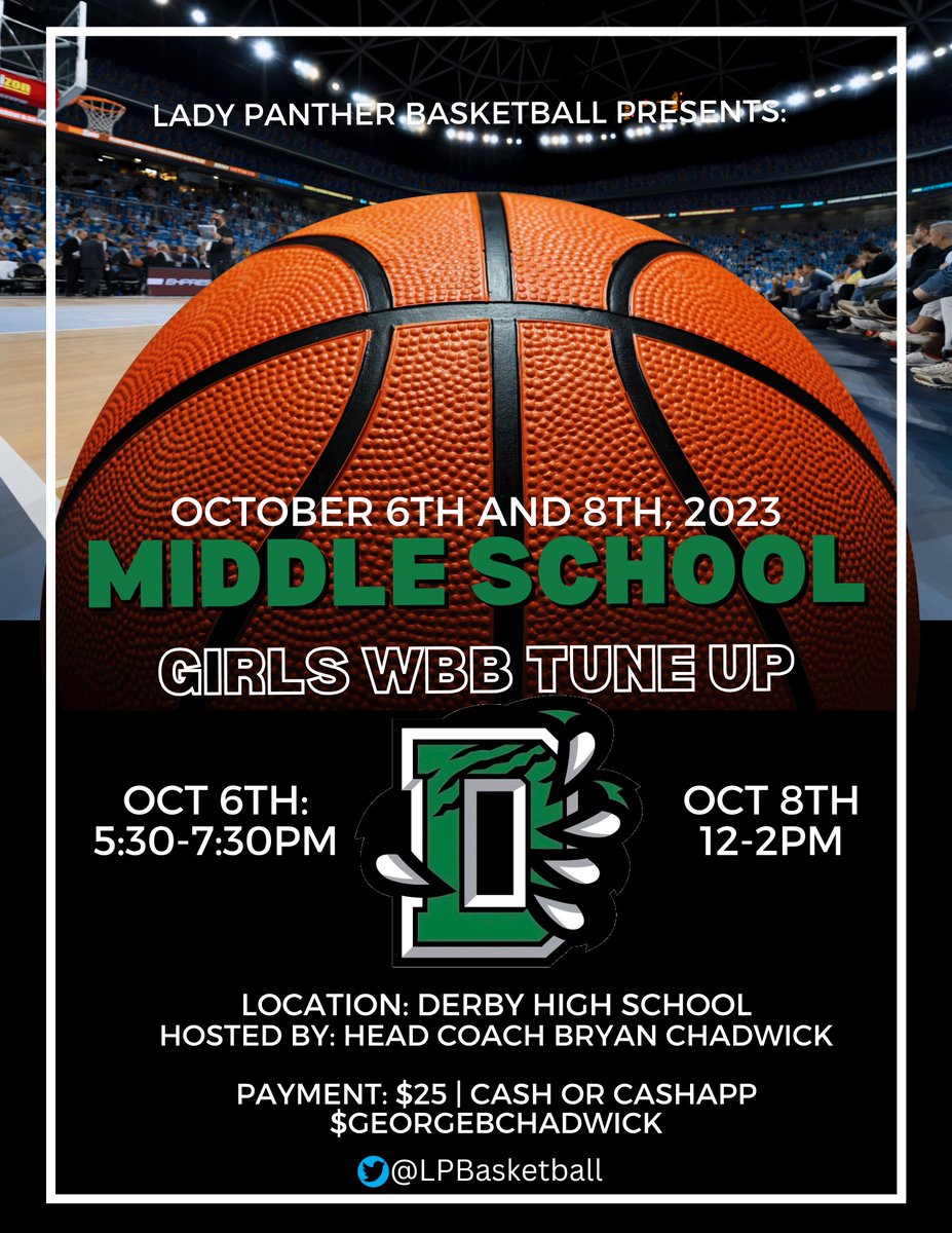 🏀 There will be a tune-up session for middle school girls basketball on Friday &amp; Sunday @Derby High School hosted by Coach Chadwick, GBB Head Coach! This session is designed to help prepare students for tryouts by focusing on fundamentals &amp; tips on how to perform well! 🏀