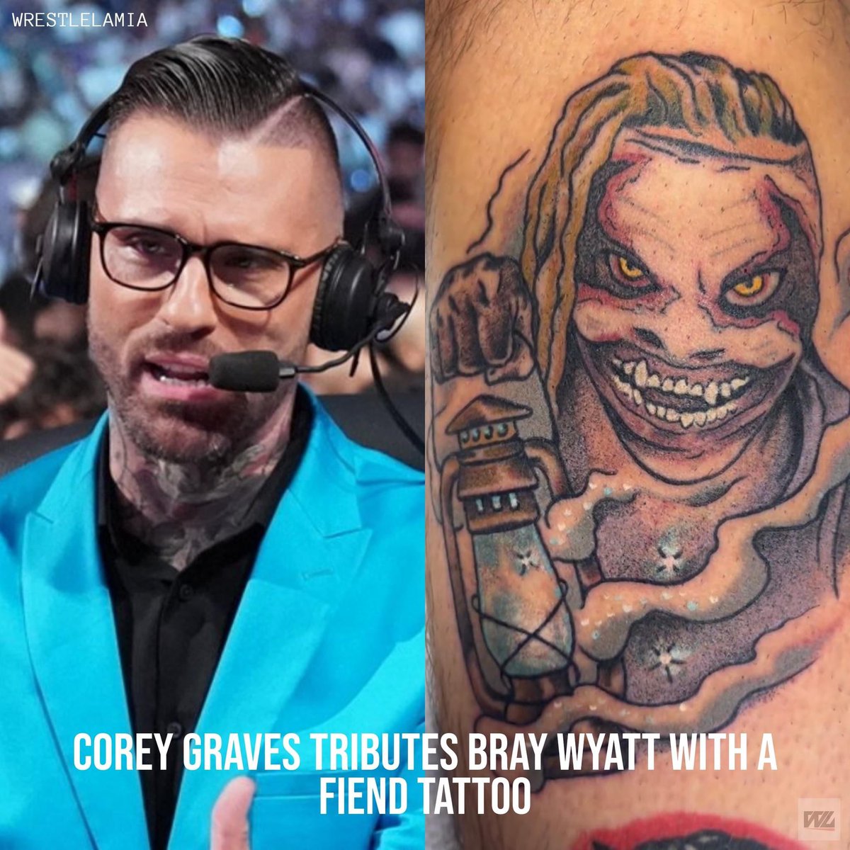 Corey Graves tributes Bray Wyatt with a Fiend Tattoo on his leg 🖤, image size:1200x1200