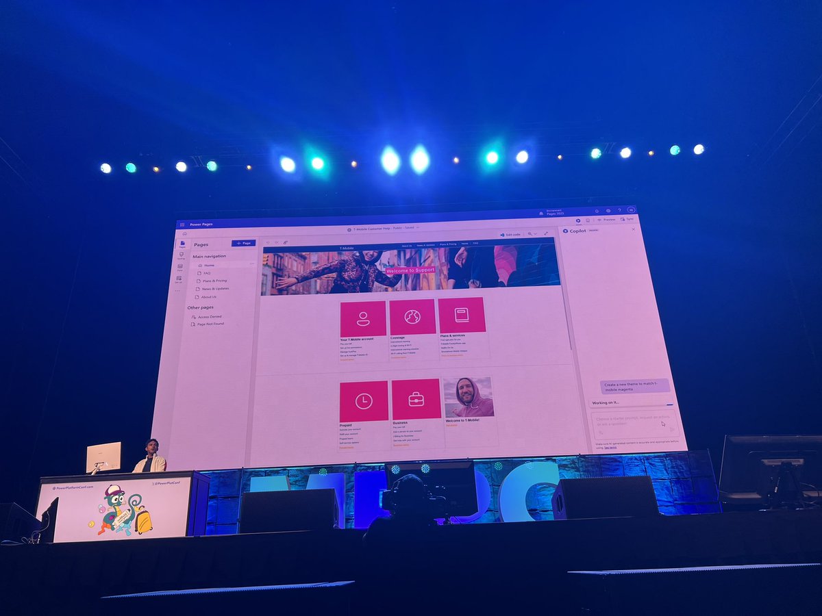 donasarkar's tweet image. Next up, Ashish is showing #Copilot in #PowerPages:

1. Generate a website with natural language 
2. Use #Copilot chat to change site colors 
3. Pull up @code to mess with code (if you want)
4. Add a Copilot help bot to your new site 

#MPPC23