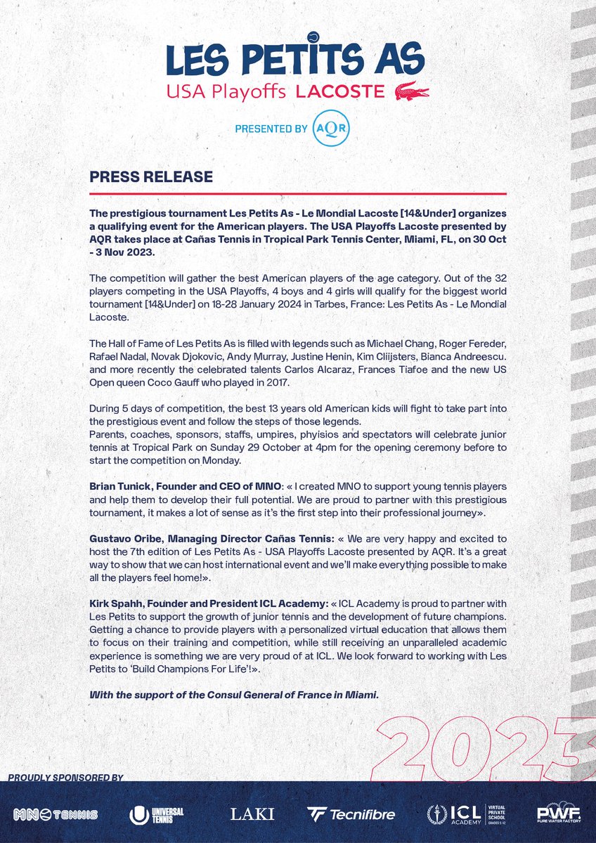 Happy and proud to announce the 𝟕𝐭𝐡 𝐞𝐝𝐢𝐭𝐢𝐨𝐧 of 𝙇𝙚𝙨 𝙋𝙚𝙩𝙞𝙩𝙨 𝘼𝙨 - 𝙐𝙎𝘼 𝙋𝙡𝙖𝙮𝙤𝙛𝙛𝙨 𝙇𝙖𝙘𝙤𝙨𝙩𝙚 𝙥𝙧𝙚𝙨𝙚𝙣𝙩𝙚𝙙 𝙗𝙮 𝘼𝙌𝙍 on October 30 at <a href="/CanasTennisFL/">Cañas Tennis</a> Tropical Park, Miami 🌴🇺🇸🎾 #LesPetitsAs #USAPlayoffs #RoadtoTarbes