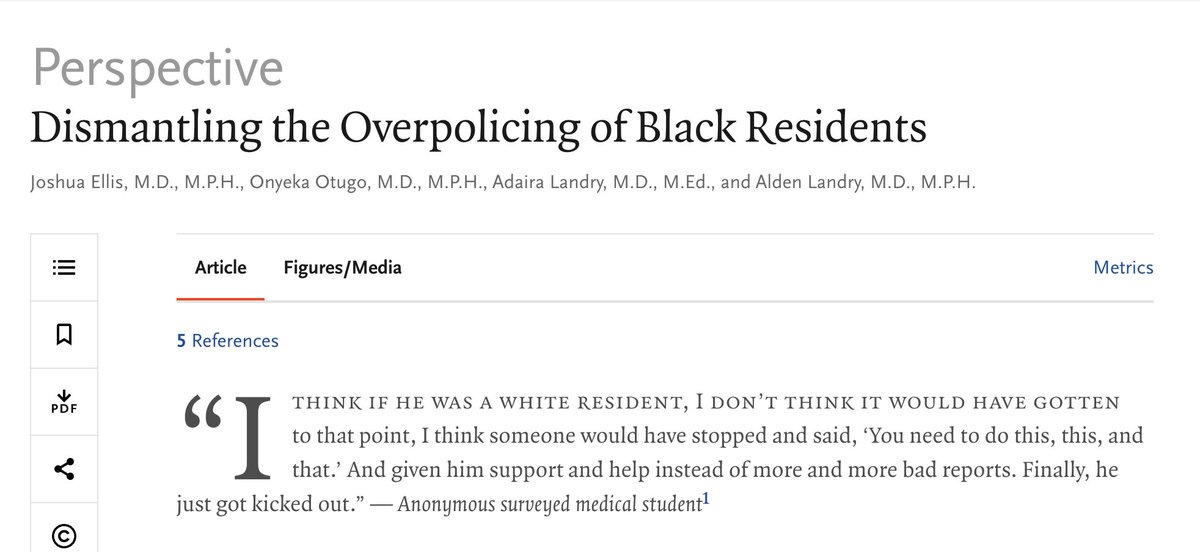 “Overpolicing” in the academic setting &amp; workplace refers to aggressive and unnecessary scrutiny, discipline, &amp; dismissal. These actions affect the mental health of trainees as well as their careers. #MedTwitter 

nejm.org/doi/full/10.10…

<a href="/JoshuaEllisEM/">Joshua Ellis</a> <a href="/OnyekaOtugo/">Onyeka Otugo MD, MPH</a> <a href="/AMLandryMD/">Alden Landry</a>