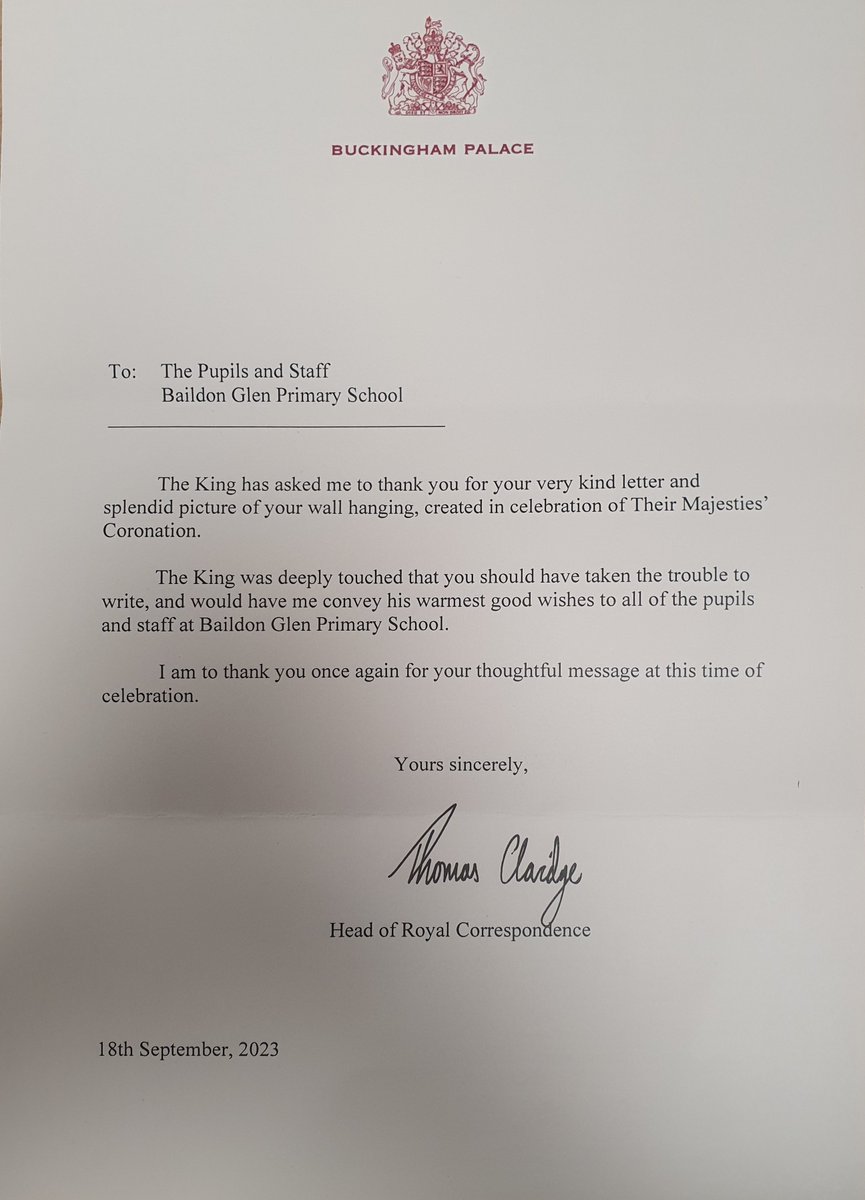 We are absolutely delighted to receive such a wonderful message from #BuckinghamPalace today regarding the wall hanging made in celebration of #KingCharlesCoronation2023 these will be proudly displayed in school very soon. #WeExceed