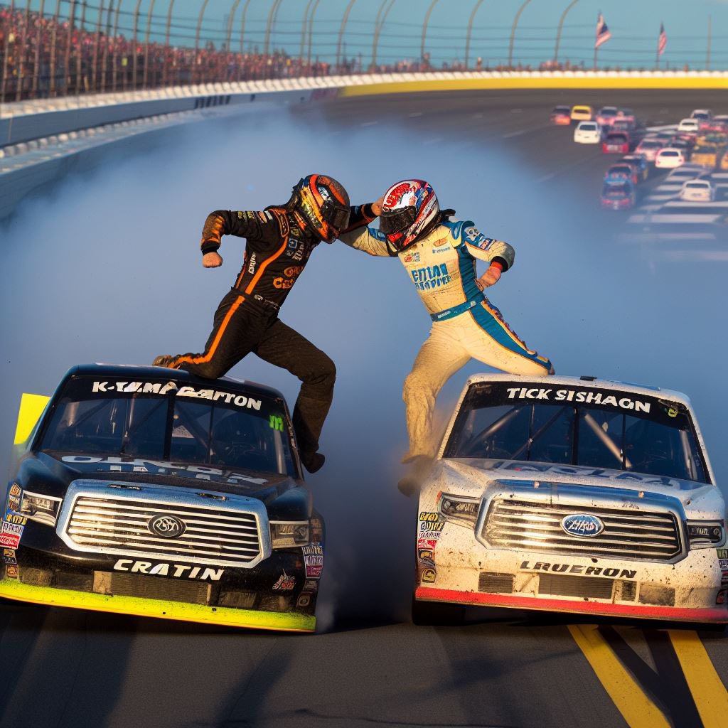 DiecastDigest's tweet photo. #NASCARAI
The Prompt: Matt Crafton and Nick Sanchez fighting after the truck race at Talladega
The Photo:
I honestly give Ktump Gafton and Tick Sishagn a lot of props for battling it out on top of their trucks coming out of 4 like real men have been known to do. https://t.co/kZN3QIpcY8