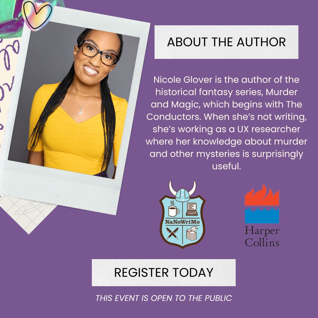 You're invited to a night of mayhem, mystery, & genre mashups with @authornicoleg! Join us this Friday for a fun start to the spooky season. Register now for this free, virtual writing salon: bit.ly/3F29Mf2 @NaNoWriMo @HarperCollins