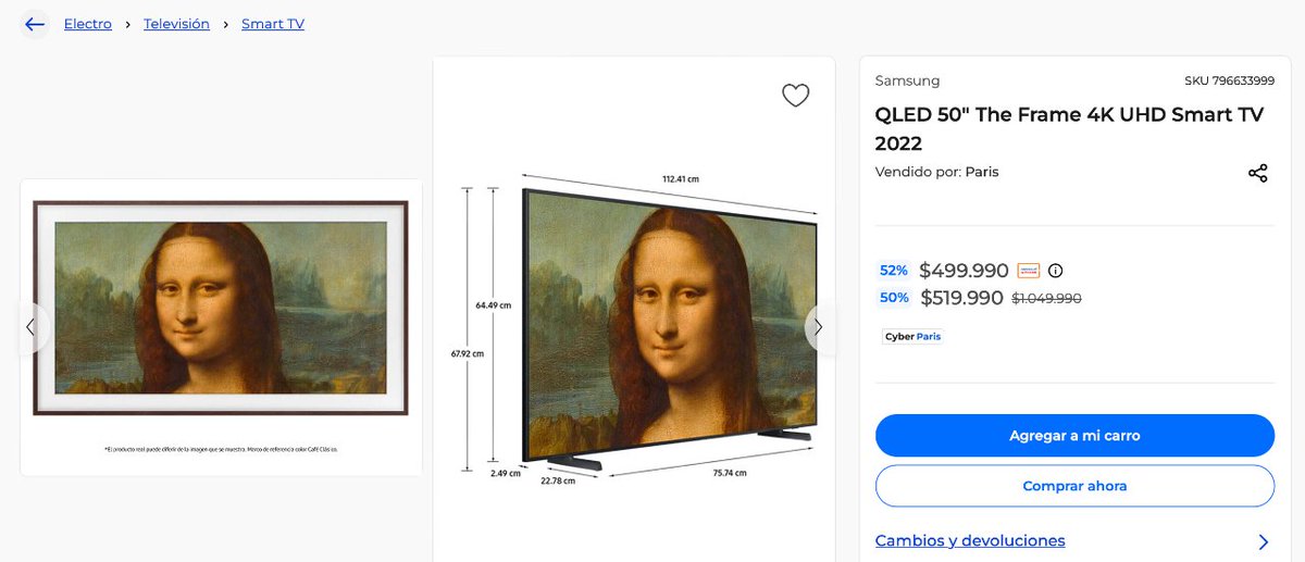 DescuentosRata's tweet photo. 📺 Smart TV Samsung QLED 50" The Frame 4K UHD Smart TV 2022 bajó a $499.990 pagando con tarjeta en París.

➡️ https://t.co/mlGtv5Kuvv https://t.co/i4W0Yan44P