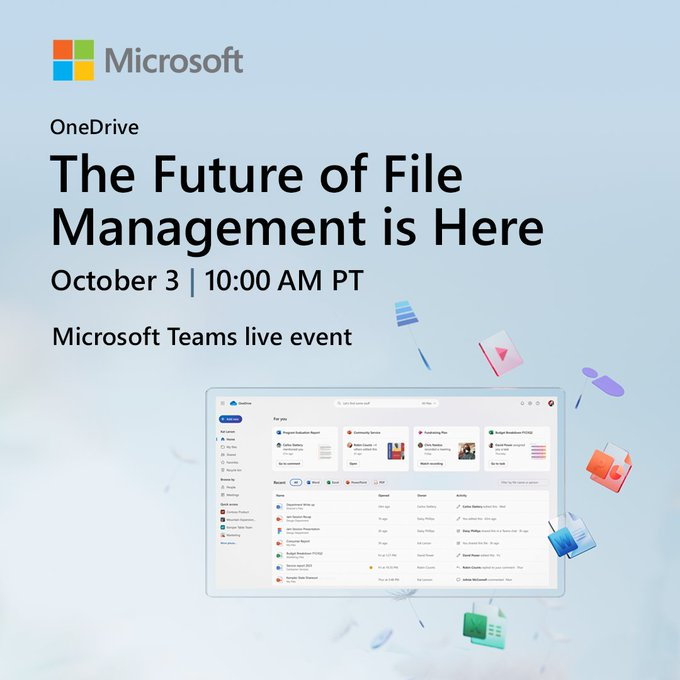mkashman's tweet photo. In 1⃣0⃣ minutes, join in on the future of @OneDrive event!  Discover how it's reshaping file management across @Microsoft365. 

📺 https://t.co/dZNKrJI4Fx #OneDrive https://t.co/jI1KwMq9gH