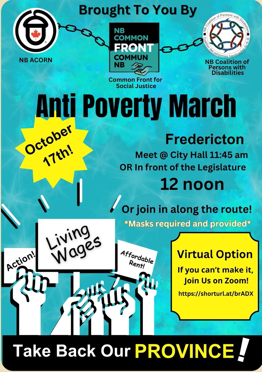 front_nb's tweet photo. Anti poverty march hosted by the Common Front, @AcornNb and @NBCPD_ORG, October 17 in Fredericton. Join us! ✊👇

Marche contre la pauvreté organisée par le Front commun, NB ACORN et Coalition personnes handicapées du NB le 17 oct à Fredericton. Rejoignez-nous! ✊👇

#nbpoli https://t.co/FOJYECPrqc