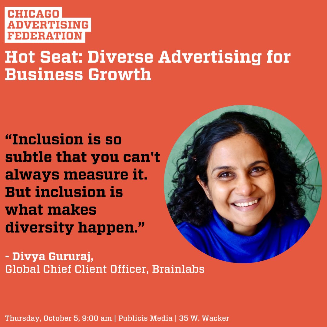 Have you registered yet for Thursday's Hot Seat? Today's the last day! Divya Gururaj, Global Chief Client Officer at Brainlabs is excited to sit on this panel and make sure that the I of DE&amp;I doesn't get lost. Register here: chicagoadfed.org/event/hot-seat…