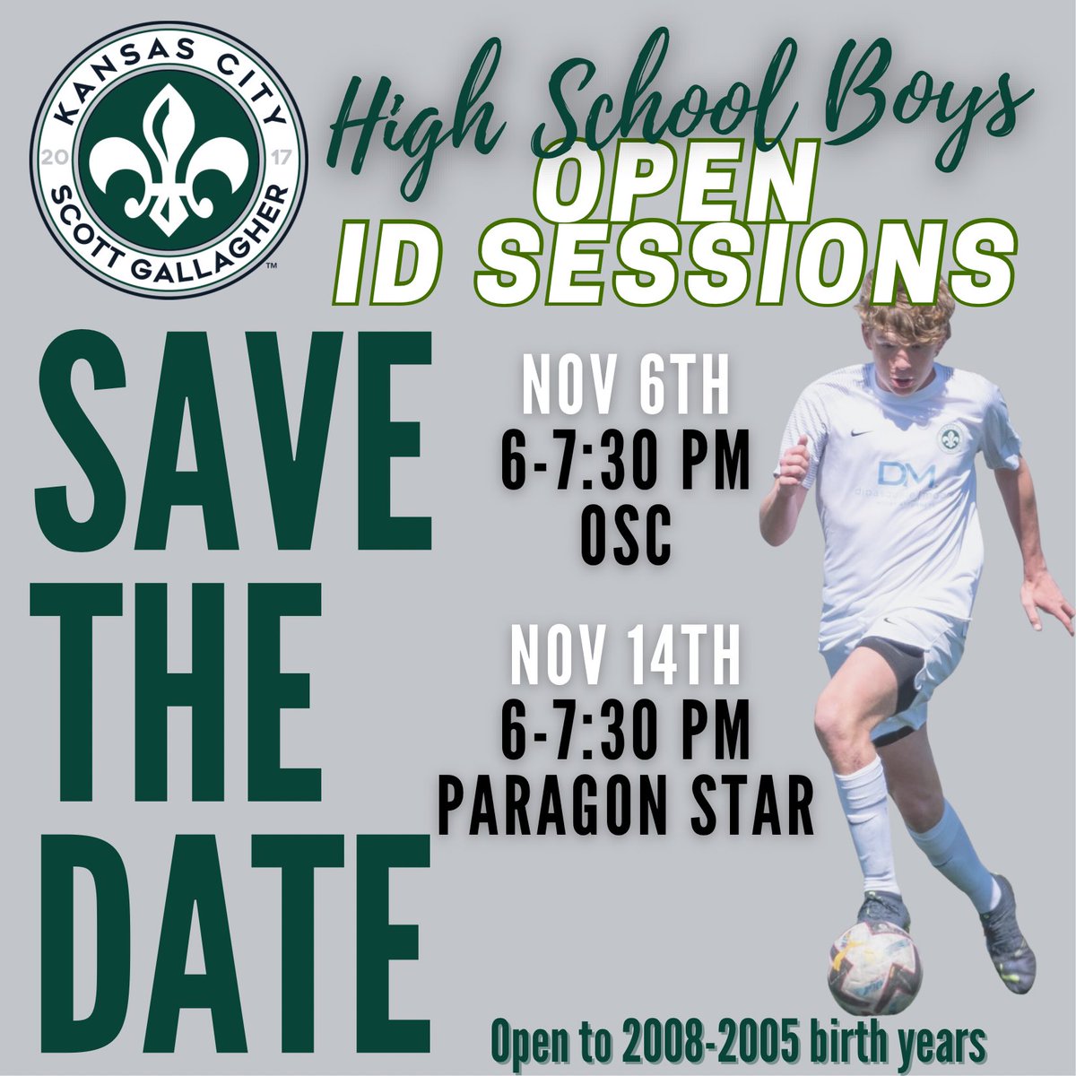 Kansas City Scott Gallagher will be holding additional open tryouts for high school boys birth years 2005-2008.

Nov 6th at OSC:
08 &amp; 09 - 6-7:30 PM
07 &amp; 05/06 - 7:30-9 PM

Nov 14th Paragon Star:
08 &amp; 09 - 6-7:30 PM
07 &amp; 05/06 - 7:30-9 PM

rb.gy/2ibus