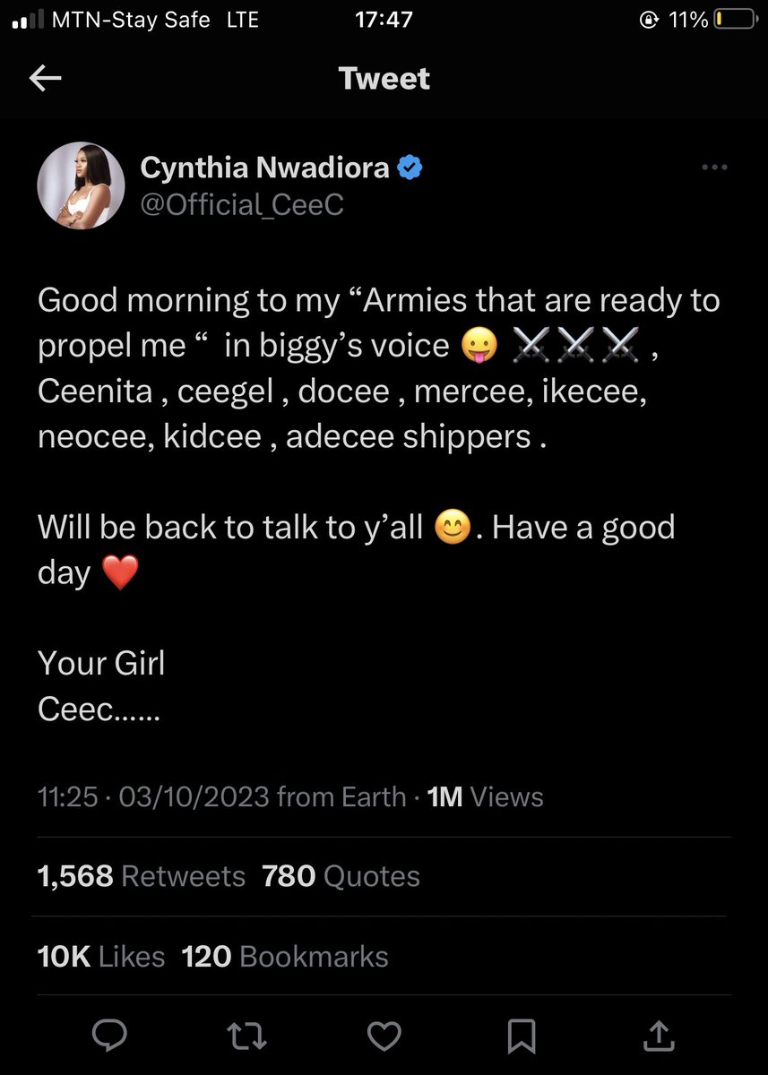 Fiyinnnii's tweet photo. 1 million views
10k+ likes
In less than 6hours……..
Ceec is officially CLOUT this season🙌engagement on steroids🔥🔥 https://t.co/xt7XE3DJfF