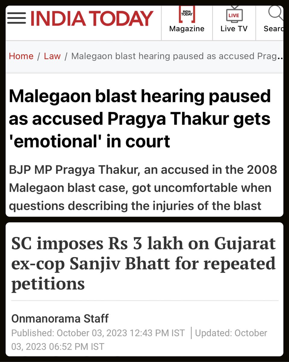 When journalists were arrested today under UAPA without framing any charges. This happened today

1. Hearing paused for BJP MP Pragya as she gets emotional. 

2. SC imposed 3 lakh fine on Sanjiv who was arrested years ago while trying to bring the truth behind 2002 Gujarat riots.