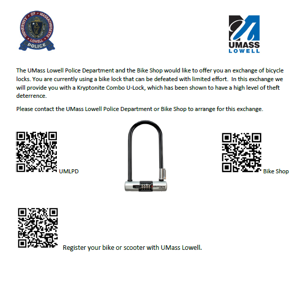UMLPDLowell's tweet photo. UML student riders please consider this as an option if you are not currently using a U-Lock style locking device for your bicycle on campus. https://t.co/DpuV40fUdG