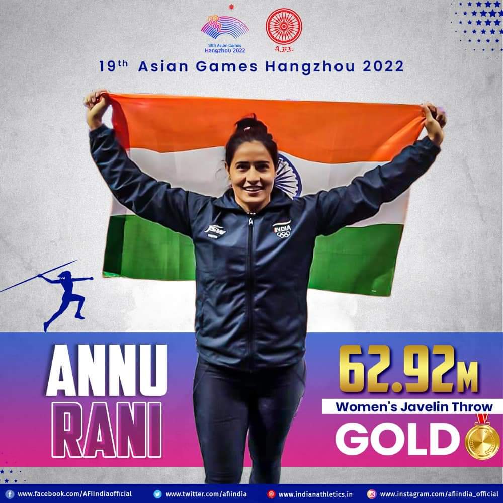 बधाई हो अन्नू रानी व पारूल चौधरी ने हांगझोऊ, चीन में आयोजित 19 वें एशियाई खेल 2022 में 62.92 मीटर के थ्रो के साथ महिला जैवलिन थ्रो में स्वर्ण पदक जीता व 1500 मीटर स्वर्ण पदक जीतने पर बहुत-बहुत बधाई व शुभकामनाएँ 

#AsianGames2022 #AFI #annurani #indianathletics #Hangzhou
