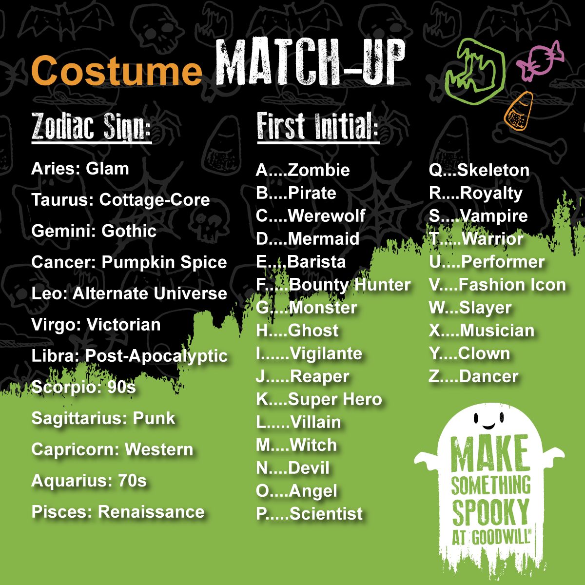 Use our Costume Match-Up for Halloween costume inspiration! ☠️🧛🦇

Stop by your local Goodwill to put together the perfect costume! By shopping at Goodwill, you are also powering free employment programs that help people in your community achieve sustainable employment.