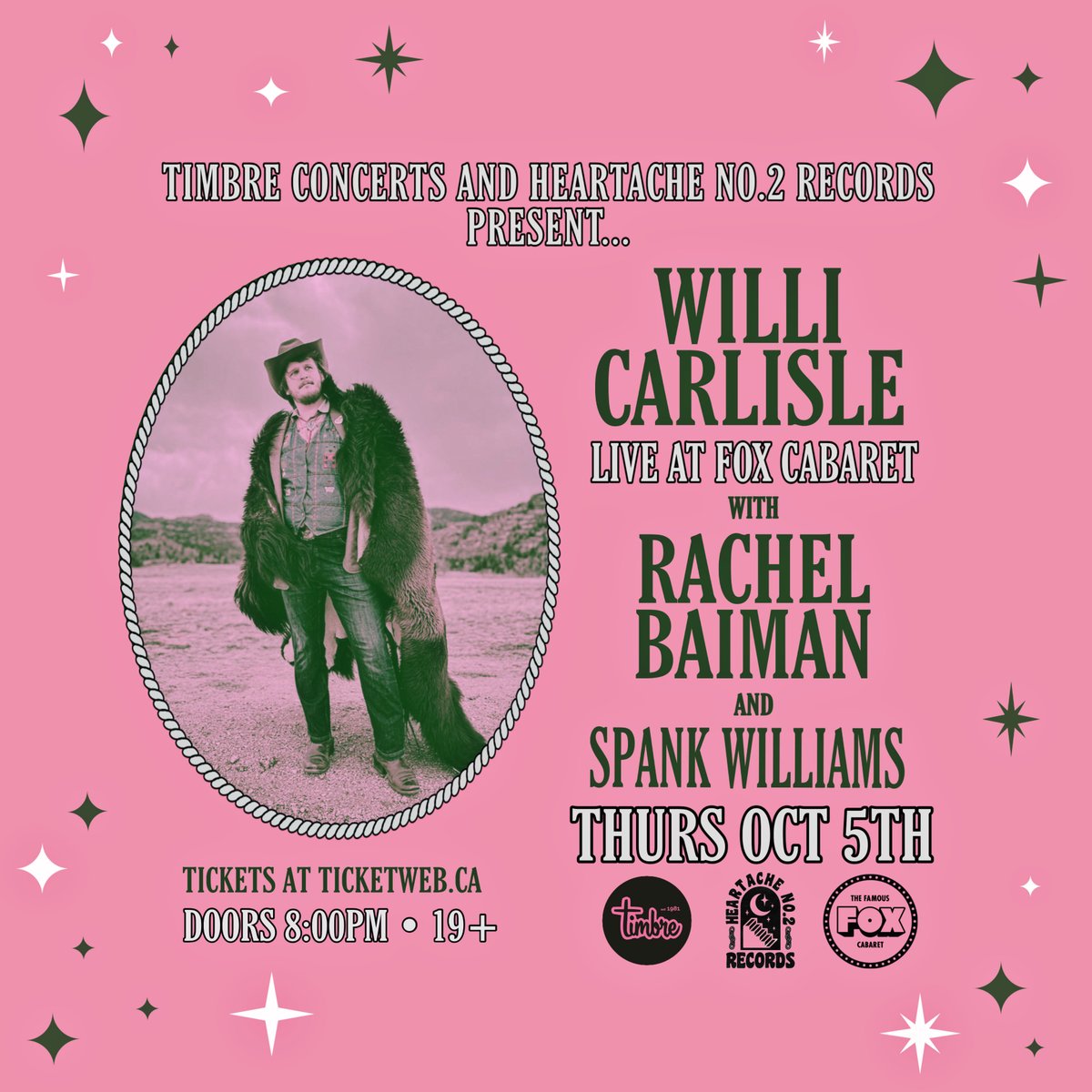 Timbre Concerts (@timbreconcerts) on Twitter photo This week! ✨ <a href="/HeartacheNo2/">Heartache No.2 Records</a> presents!
WILLI CARLISLE
WITH RACHEL BAIMAN, SPANK WILLIAMS
<a href="/FoxCabaret/">Fox Cabaret</a>
Get your tickets → ticketweb.ca/event/willi-ca… This week! ✨ <a href="/HeartacheNo2/">Heartache No.2 Records</a> presents!
WILLI CARLISLE
WITH RACHEL BAIMAN, SPANK WILLIAMS
<a href="/FoxCabaret/">Fox Cabaret</a>
Get your tickets → ticketweb.ca/event/willi-ca…