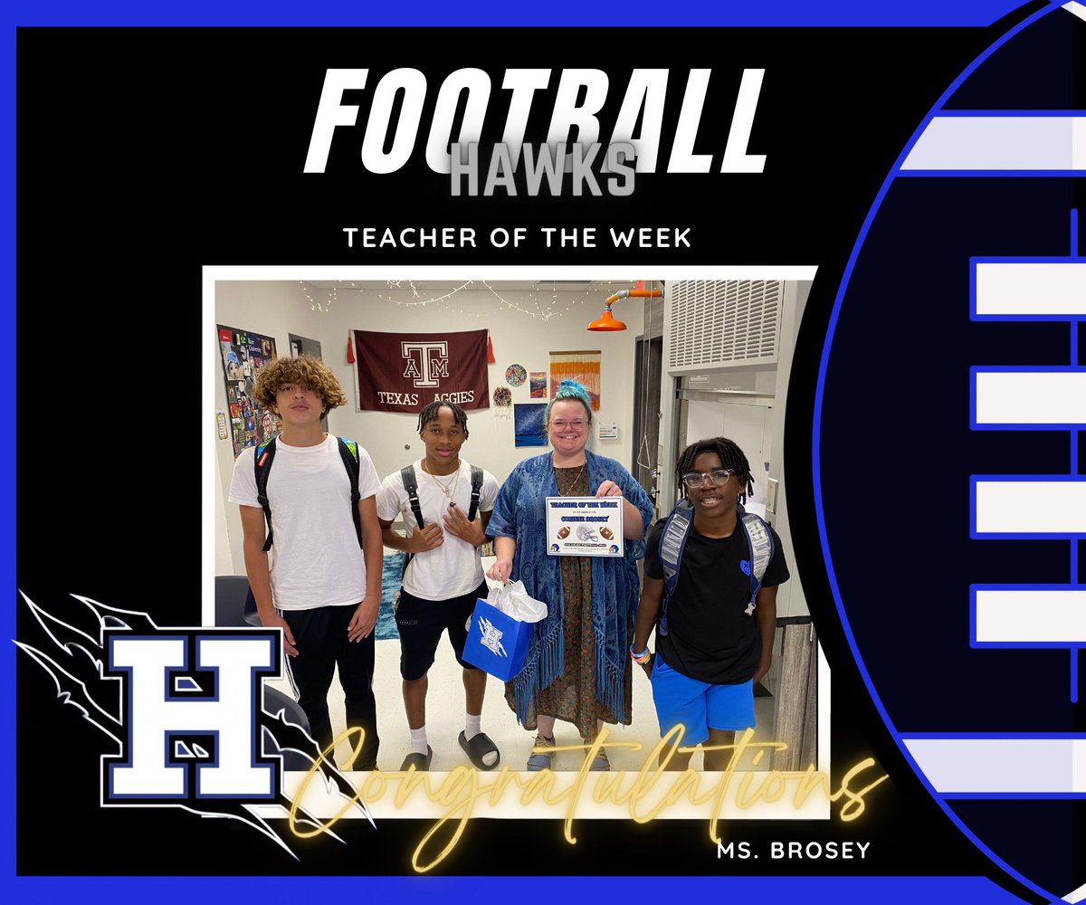 Hays_Athletics's tweet photo. Congratulations to Coach Jules & Ms. Brosey on being selected as our 7th & 8th Grade Football Staff Member/Teacherof the week! Thank you both for everything you do for our student-athletes. #REALHawk #ProsperProud #HawkProud https://t.co/ACDO0UIWdK
