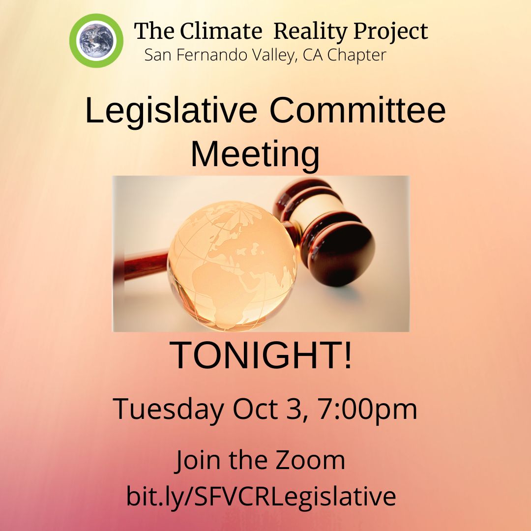LEGISLATIVE COMMITTEE MEETING TONIGHT at 7pm!
Join us on Zoom at bit.ly/SFVCRLegislati… to hear updates on state legislation and city council motions. No experience needed; if you want to start taking action on climate change, just hop on the Zoom to listen and learn!