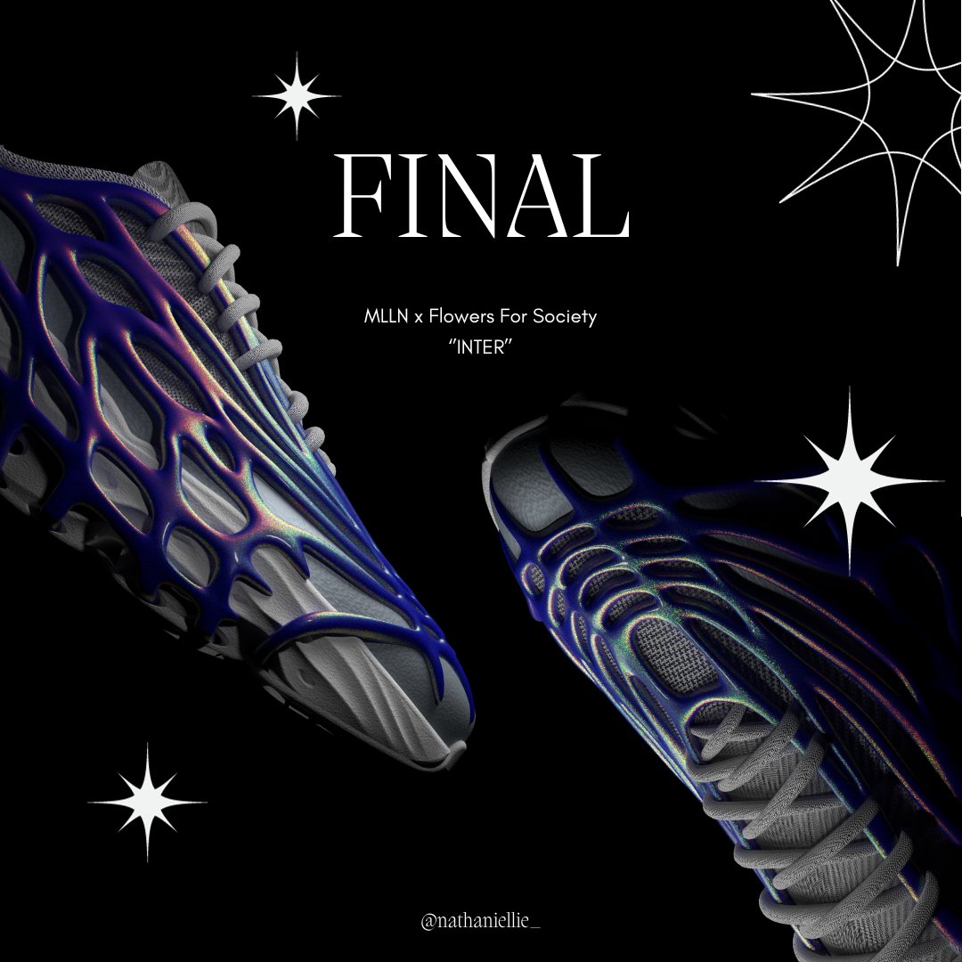 nathaniellie_'s tweet photo. Presenting 'INTER'

My design for the @MLLN_io and Flowers for Sociecty.

Brief was: ''Craft a shoe that encapsulates the essence of a bright and promising future''.

So the shoe is inspired by the interconnectivity between man and machine. Neurons and nodes. 

Concept:

The future is interconnectivity.

Neurons and nodes.

Man and machine. 

A future where we have a two-sided relationship with technology.

A future where we do not lose our humanity but lean into it.

A future with hoy, excitement, and innovation, but also stress, darkness and fear. 

All the human emotions.

All the human states. 

High highs and low lows are what make the human experience. 

So let's lean into our humanity, and connect with technology to enhance it. 

The future is interconnectivity.