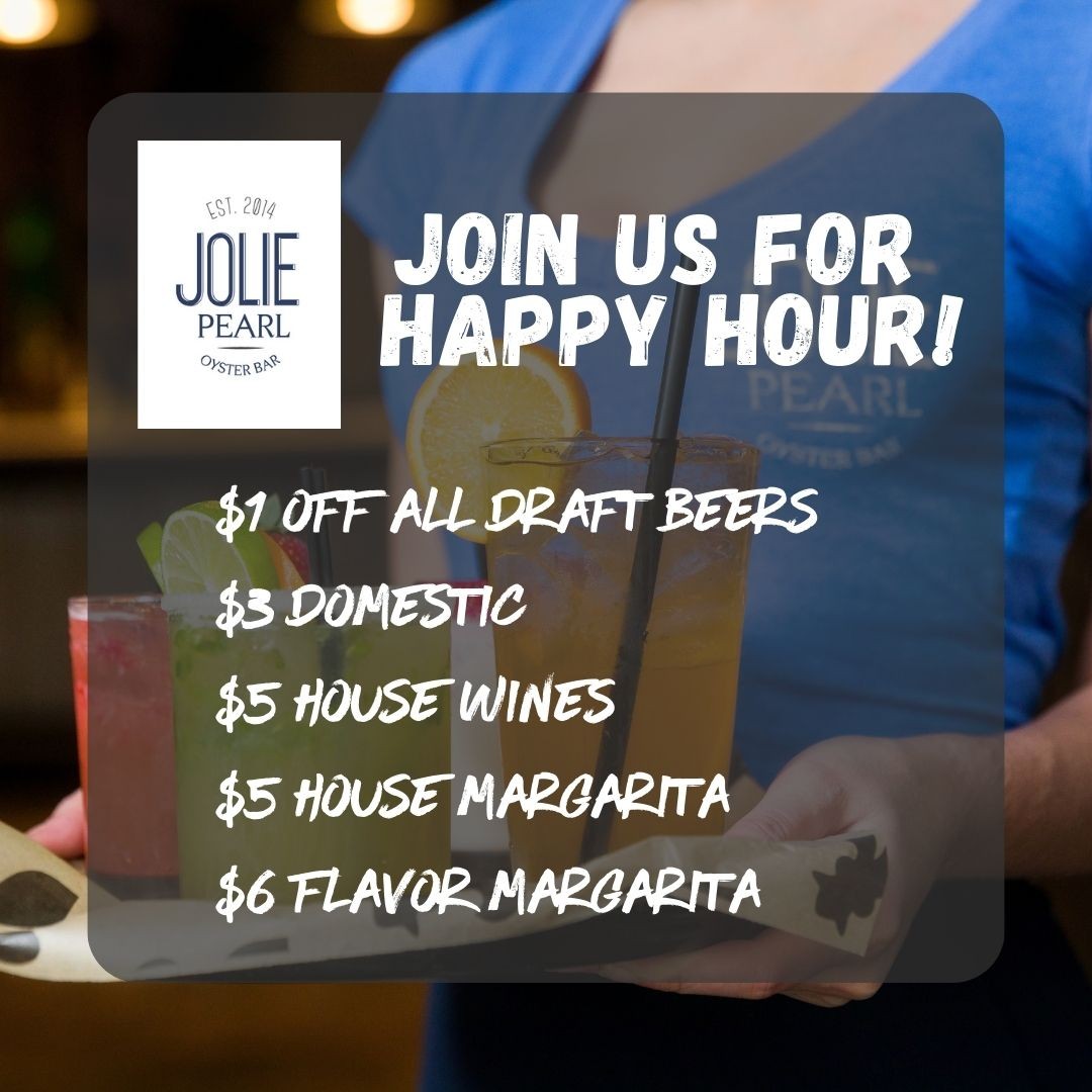 Join us for Happy Hour 🍹 Tuesdays through Thursdays from 4pm to 7pm! Enjoy $1 Off all Draft Beers, $3 Domestic, $5 House wines, $5 House Margarita, and $6 Flavor Margaritas 😋 #downtownbatonrouge, #louisiana, #oysterlover, #seafoodlover, #oysterbar, #joliepearl