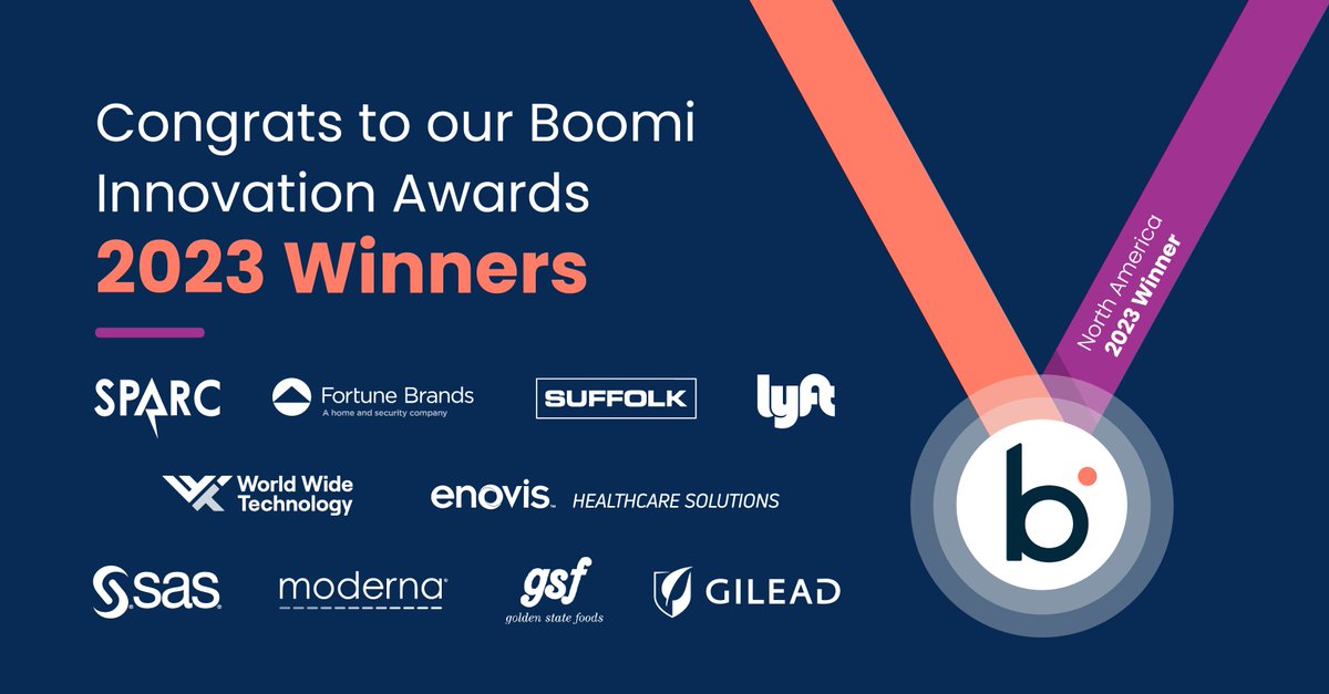 boomi's tweet photo. Congrats to our North America 2023 Customer Innovation Awards Platinum winners! 🎉 They've transformed their businesses using the Boomi platform. 🌟 #BoomiInnovationAwards https://t.co/tmKgAXDkmc https://t.co/fFMrtXkGtB