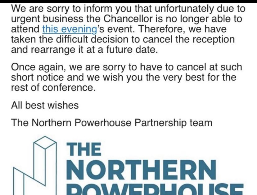 Northern Powerhouse event at the Conservative Party conference cancelled abruptly at short notice Metaphors take the rest of the decade off