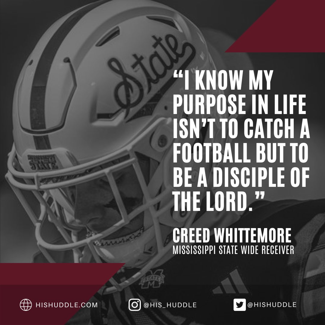 “I know my purpose in life isn’t to catch a football but to be a disciple of the Lord.” Making an impact in just his first year on campus, Mississippi State wide receiver @c_whit115 looks to use his platform to point others to Jesus. hishuddle.com/2023/10/03/cre…