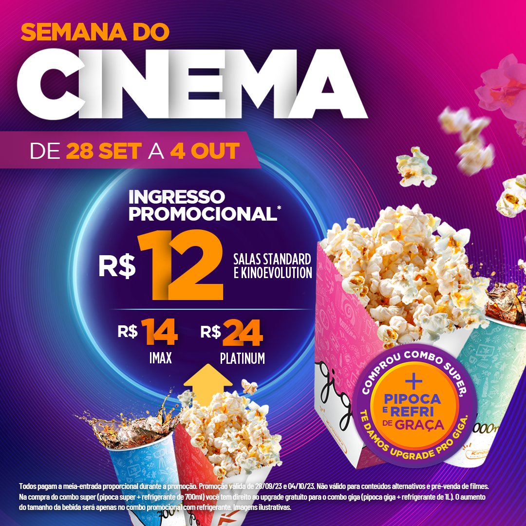 Kinoplex's tweet photo. A #SemanadoCinema tá on! Aproveite os últimos dias da promoção no #Kinoplex para assistir ao seu filme favorito.
Até esta quarta, 4/10, todo mundo paga meia promocional em todas as salas.🎟️
Garanta seu ingresso para diversão em https://t.co/FN1id0etEw
#Promoção #PartiuCinema https://t.co/RdBkwv9QCD