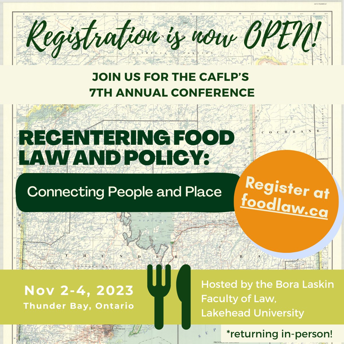 🌱Les inscriptions sont ouvertes pour la conférence annuelle d'@FoodLawCanada sur le thème 'Recadrer droit et politiques alimentaires: tisser des liens entre les personnes et les espaces' du 2 au 4 Novembre à la @mylakehead ! ➡️Enregistrement ici : foodlaw.ca/registration20…