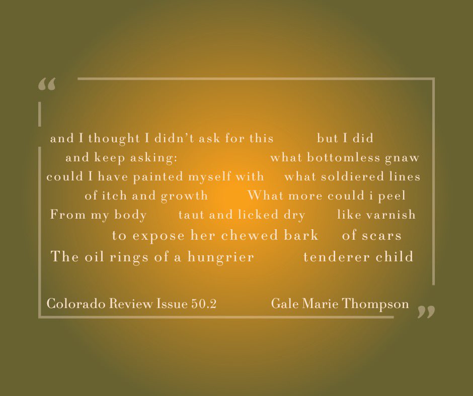 SoutheastReview's tweet photo. Keeping up with our friends at @Colorado_Review and loving @TheGalester poem “I Drew a Circle Around a Future Tattoo.” You can check out more of Gale Marie Thompson’s poems and the rest of the Summer 2023 issue in the link below!

https://t.co/nnWHv1bfYq https://t.co/7tpgH9JBXI
