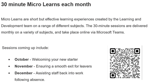 LUHFTlearning's tweet photo. - @livhospitals staff; our October’s Micro Learn is ‘Welcoming your New Starter’ – we have two upcoming sessions. For more information follow the link https://t.co/QZFlFRwgZ6 or the QR code attached.

#MicroLearn #MicroLearnMONDAY #FlashLearnFRIDAY https://t.co/FHQpWGyMWd