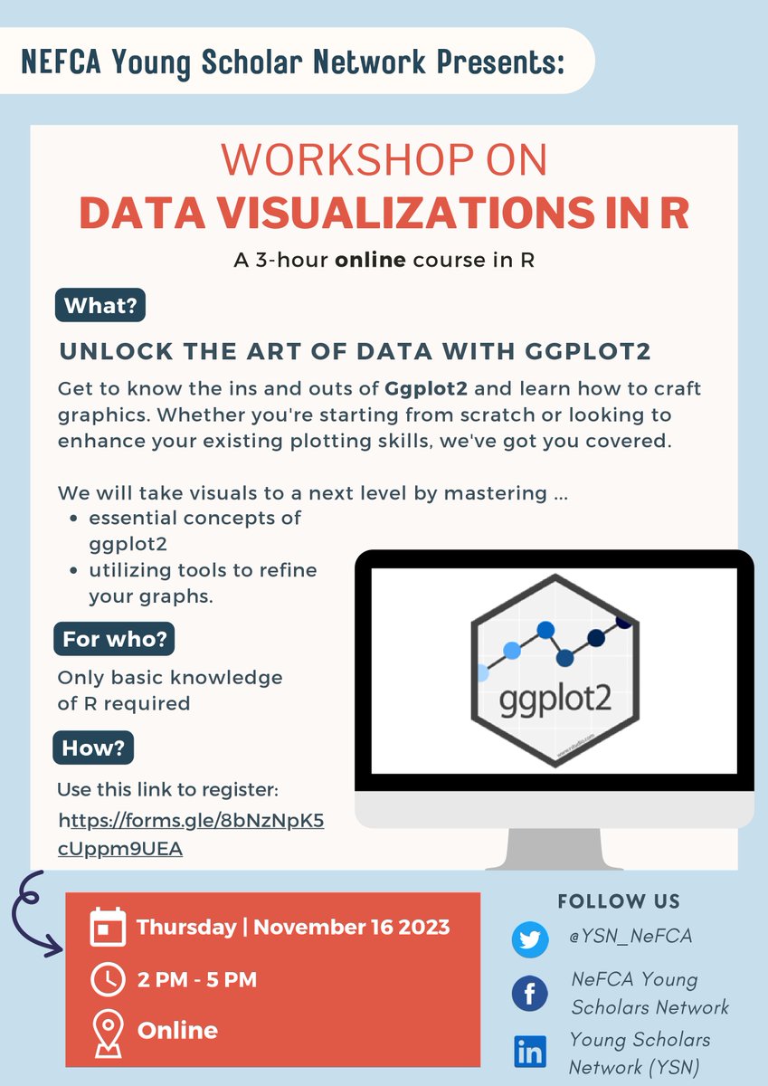 📊 Exciting news! Join our Data Visualization in R workshop on November 16, 2023, at 2 PM! Perfect for R beginners looking to explore the world of data visualization. Don't miss out – Register now: forms.gle/8bNzNpK5cUppm9… #DataVisualization #YSN