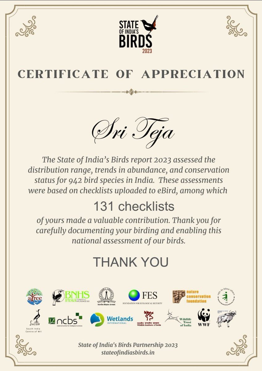 RayGetter25's tweet photo. Thank You @SoIB_India for this recognition!

#Recognition
@Team_eBird 
#StateofIndiasBirds https://t.co/RAmQtifjEL