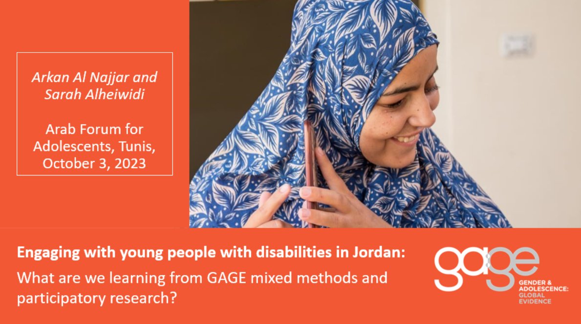 How can #mixedmethods and #participatory research be used to engage young people with disabilities in Jordan?

Today <a href="/alheiwidi/">Sarah alheiwidi</a> and Arkan Al Najjar will be presenting on this topic drawing on GAGE research at the Arab Adolescent Forum 2023 in Tunis. 
<a href="/PMNCH/">PMNCH</a> #1point8