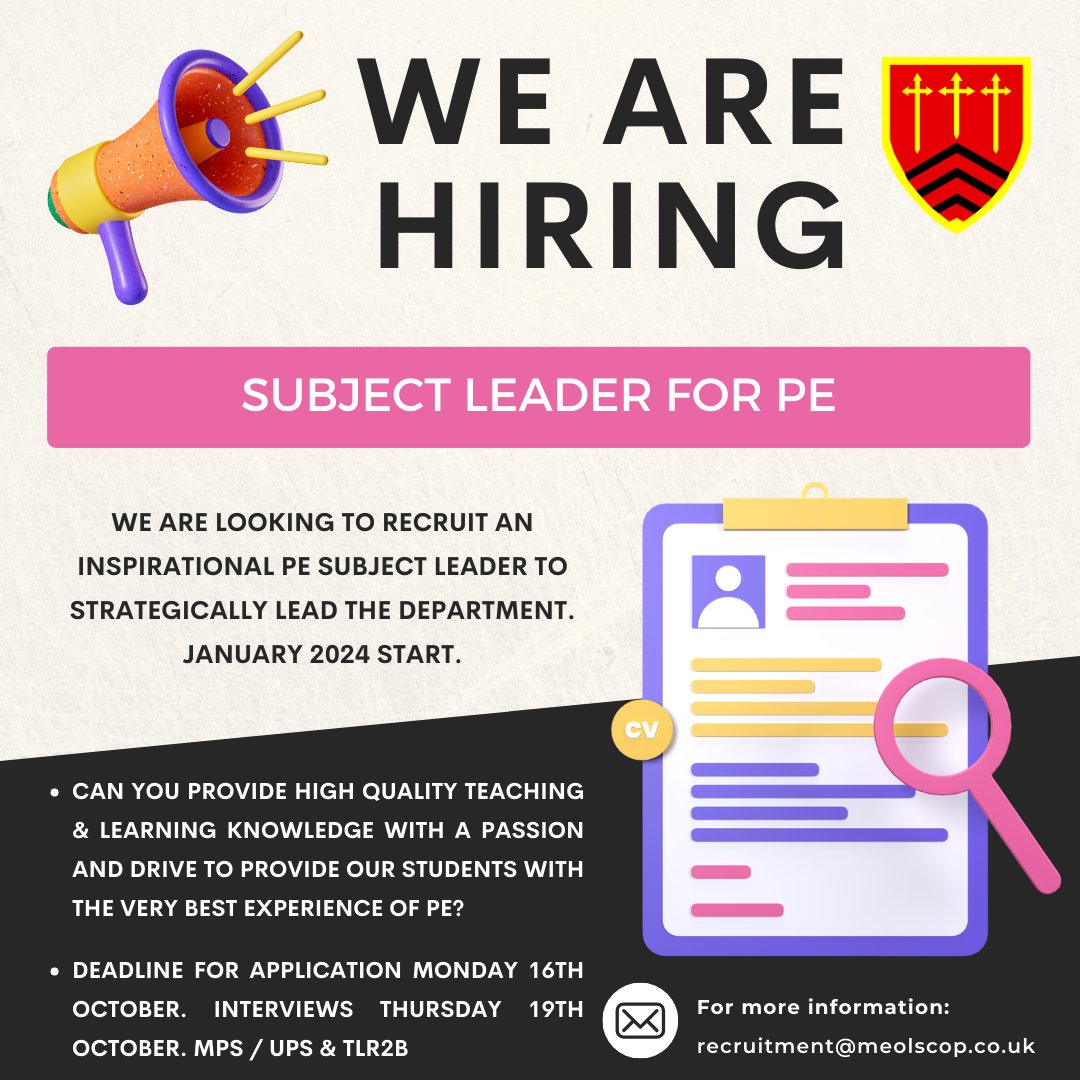 We are recruiting for Subject Leader in PE. To find out more information on how to apply - click here: tinyurl.com/ytyr6ff6 or visit the vacancy page of the school website. #BrokeringAspirations