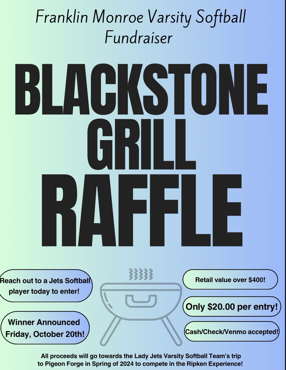 JetsFm's tweet photo. Get with a player or coach to enter to win a Blackstone Grill!
$20 per entry
Proceeds go towards the team’s trip to Pigeon Forge next spring! https://t.co/osPBPPukkp