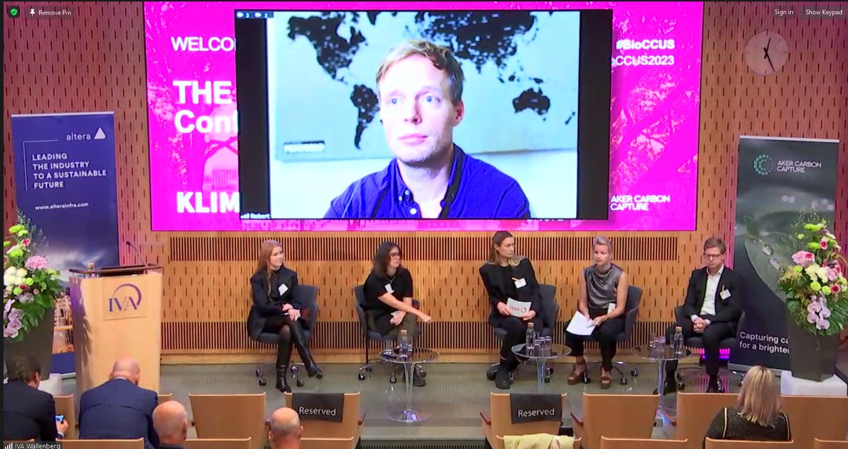 RobertHoglund's tweet photo. Great discussion at the #BioCCUS conference today about financing CDR. (Presenting online at conferences means getting your face projected 2m tall, glad I have a good webcamera hah) https://t.co/g9AeFvme6A