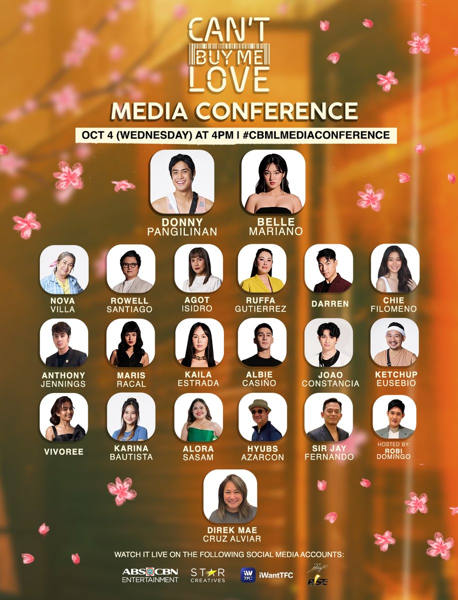 StarCreativesTV's tweet photo. Join the cast, director, and creatives of #CantBuyMeLove tomorrow at the #CBMLMediaConference at 4 PM โจ
Watch the LIVE on the following social media accounts ๐ Stay tuned! ๐
#DonBelle ๐ทโค๏ธ https://t.co/d0lRBJ0oXd