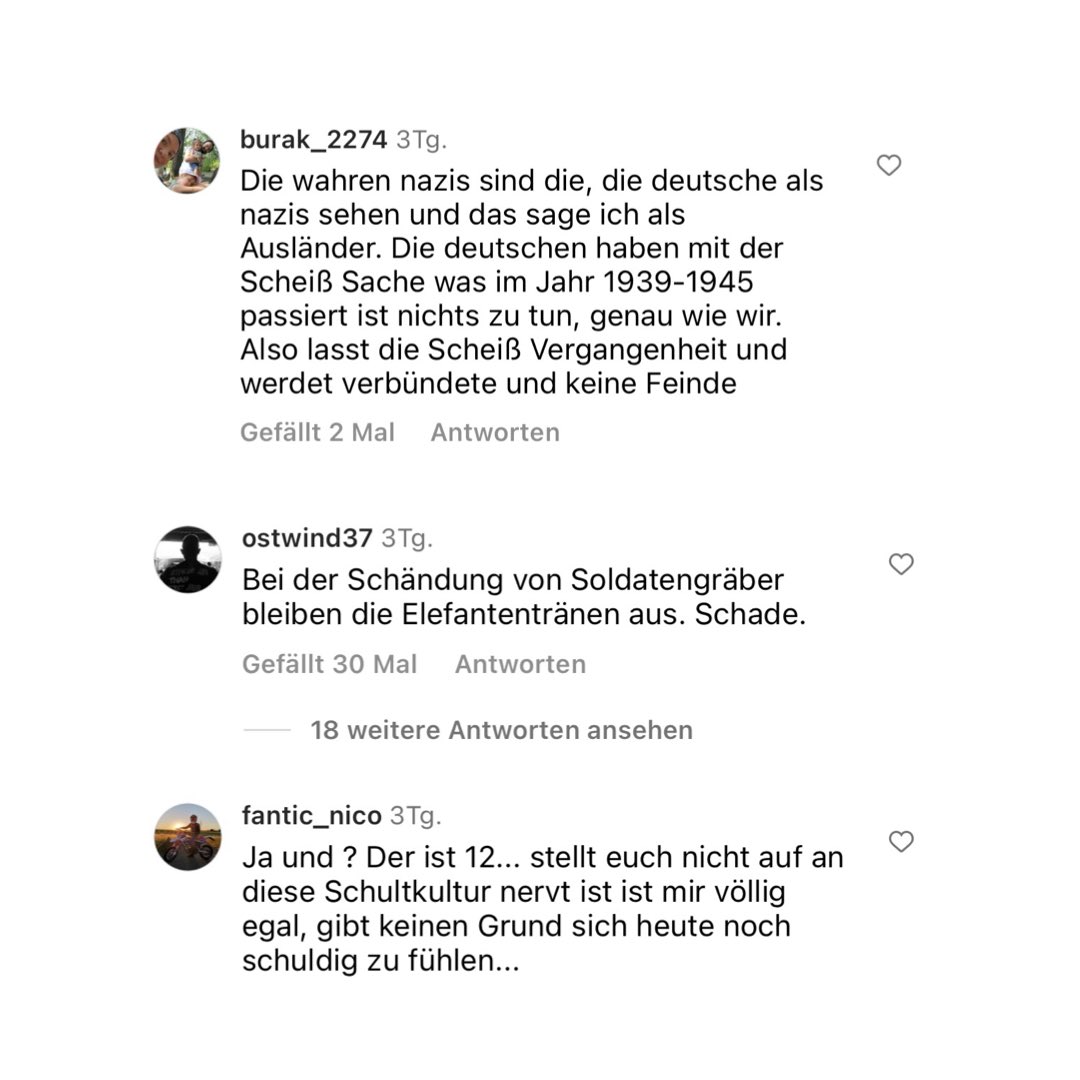 In einer Schule in Herrenberg wurden Bilder von Shoa-Überlebenden, die Teil der „Ausstellung gegen das Vergessen“ sind, von einem Schüler mit Hakenkreuzen geschändet.

Das sind Teile der Kommentare dazu: