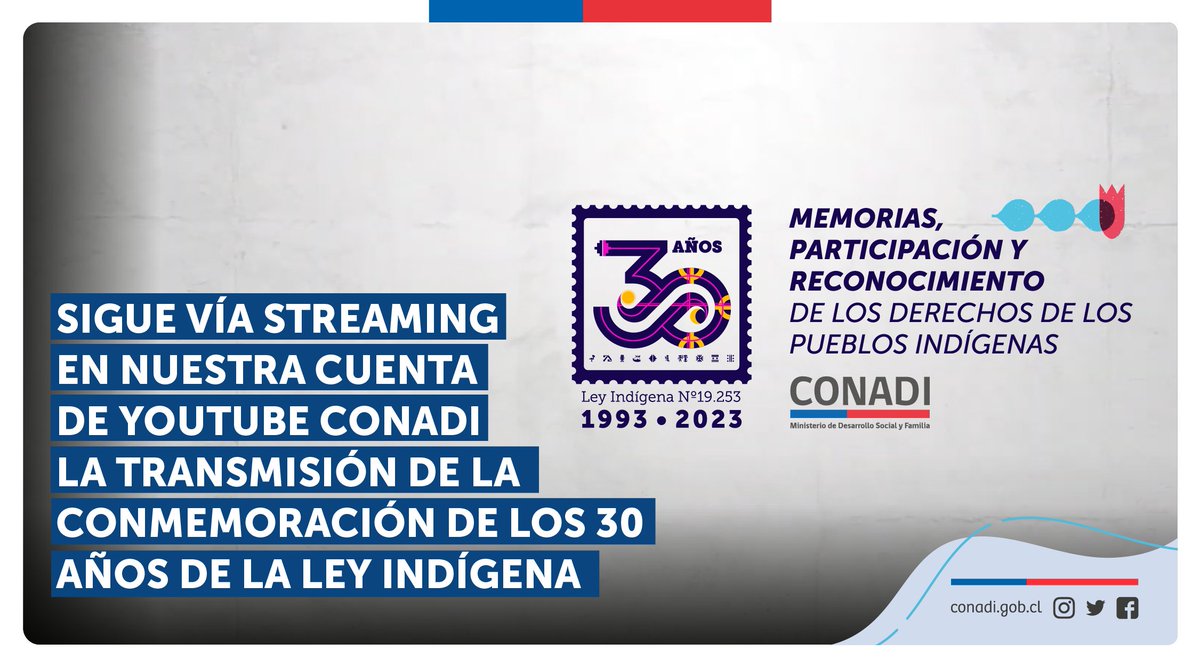 🔴Les invitamos a seguir vía streaming en nuestra cuenta youtube.com/watch?v=w1RBKD… la transmisión de la Conmemoración #LeyIndígena30años "Memorias, Participación y Reconocimiento de los Derechos de Los Pueblos Indígenas”, en vivo desde Nueva Imperial #LaAraucanía #CONADI30años