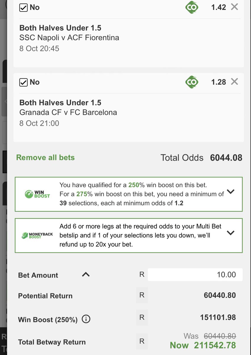 Slip 2: 6044 odds 

I WILL FOLLOW EVERYONE WHO RETWEETS 

Screenshots of the full slips in the comments

Code: X5964422B betway.co.za/bookabet/X5964…

Screenshots of the full slips in the comments